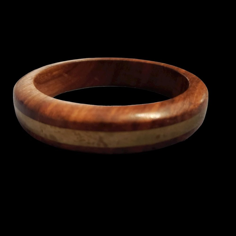 Vintage Wood Bangle Bracelet with Brass Inlay Band Natural - Picture 2 of 4